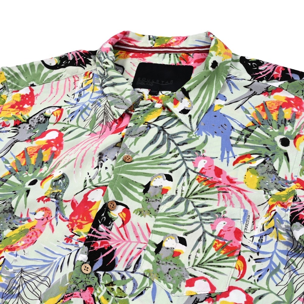 Soulstar England Hawaiian Shirt Mens Medium Short Sleeve Floral Parrots Print